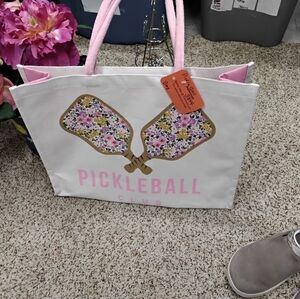 3899 Large Pickleball Club Floral Paddle Tote Bag - Pink & White